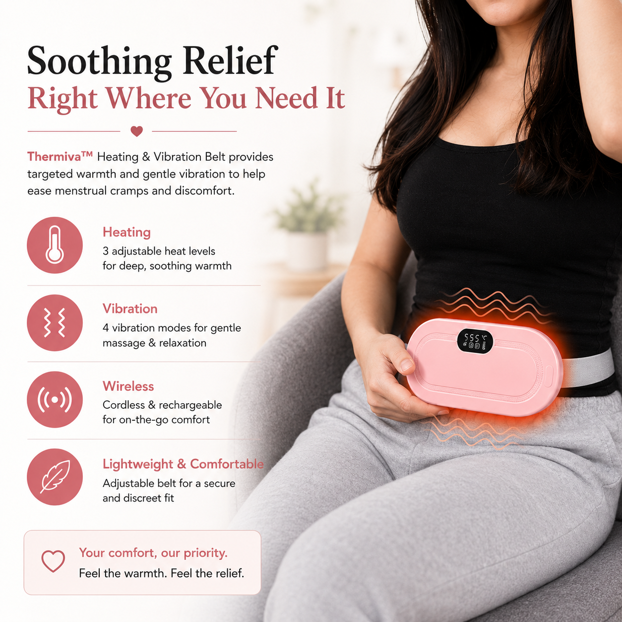 Thermiva™ - Portable Cordless Heating & Vibration Belt for Menstrual Cramps