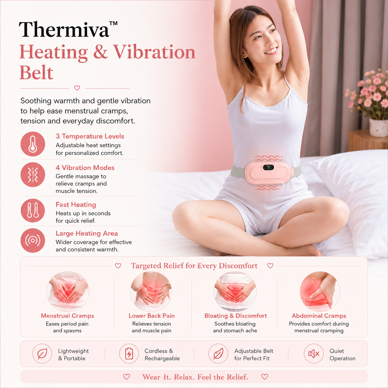 Thermiva™ - Portable Cordless Heating & Vibration Belt for Menstrual Cramps