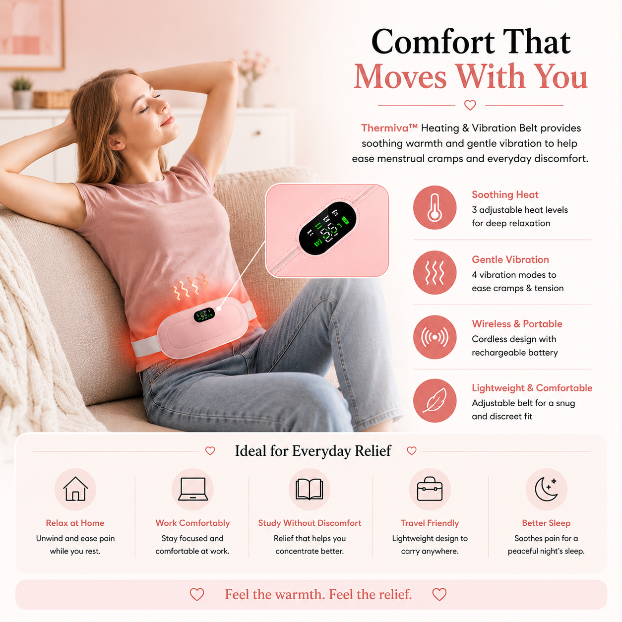 Thermiva™ - Portable Cordless Heating & Vibration Belt for Menstrual Cramps