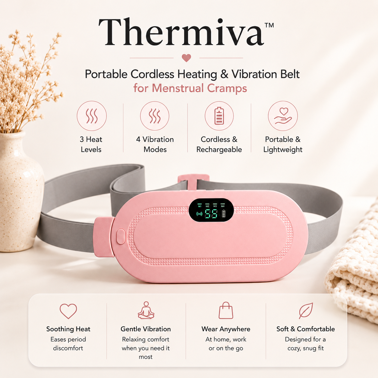 Thermiva™ - Portable Cordless Heating & Vibration Belt for Menstrual Cramps