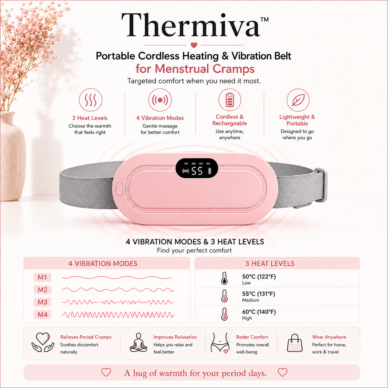 Thermiva™ - Portable Cordless Heating & Vibration Belt for Menstrual Cramps