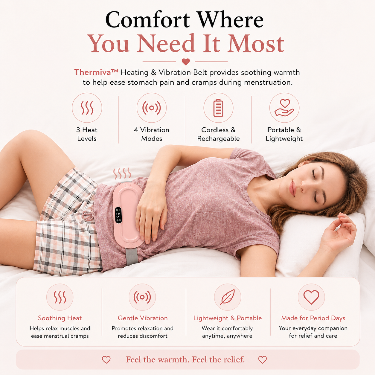 Thermiva™ - Portable Cordless Heating & Vibration Belt for Menstrual Cramps
